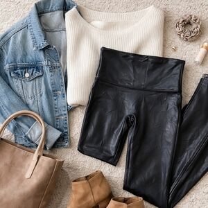 SPANX High-Rise Compression Leggings Liquid Sheen Black Size L